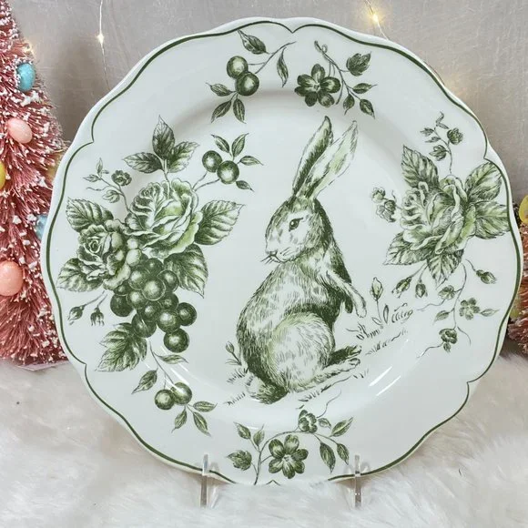 Maxcera Easter Bunny Rabbit Green White Toile Dinner Plates ~New ~Set of 2 - Picture 1 of 7